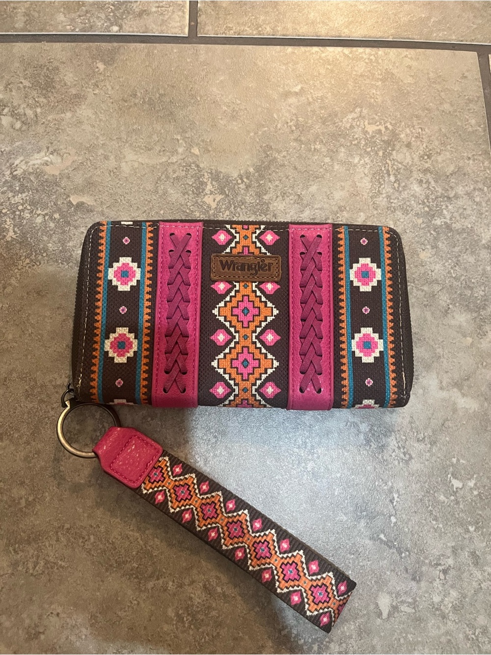 Wrangler Pink and Brown Southwestern Zip Wallet with Wristlet